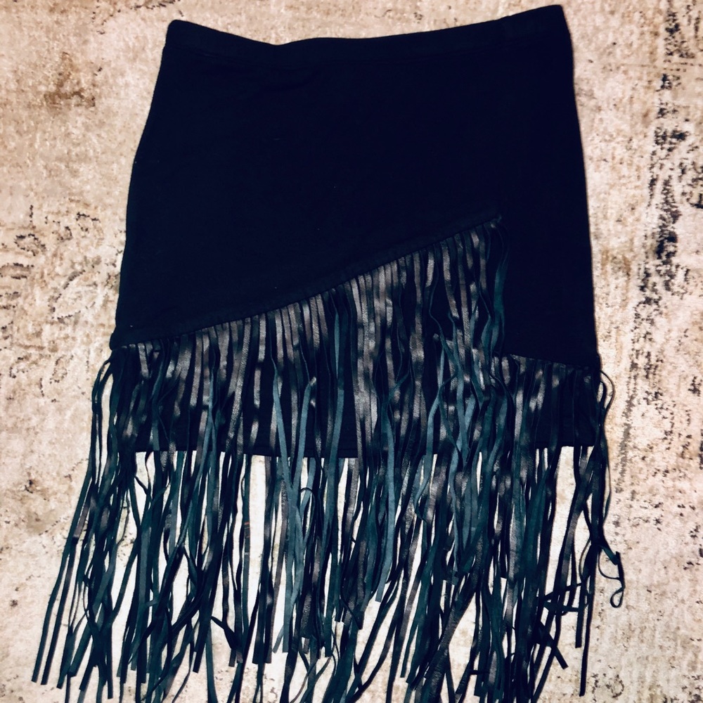 Sky black leather fringe skirt